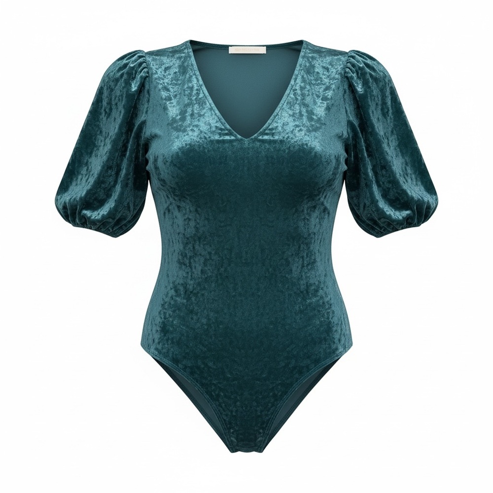 Teal Crushed Velvet V-Neck Bodysuit - Picture 1 of 10